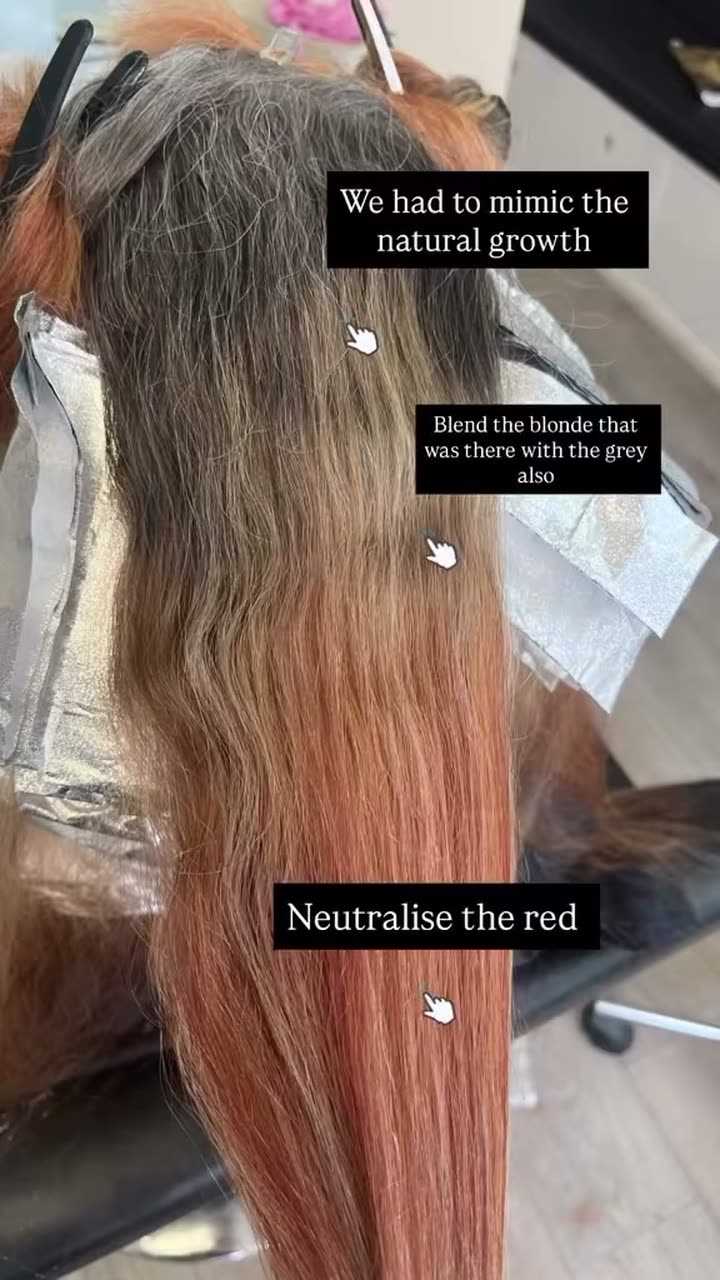 Foils being placed through banded red hair partway through a colour correction.